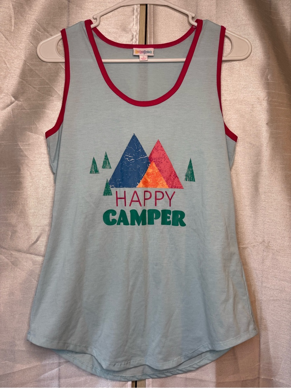 Happy Camper Light Blue Tank Top with Pink Trim
